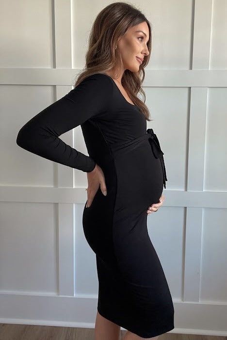 Black Basic Square Neck Maternity Midi Dress