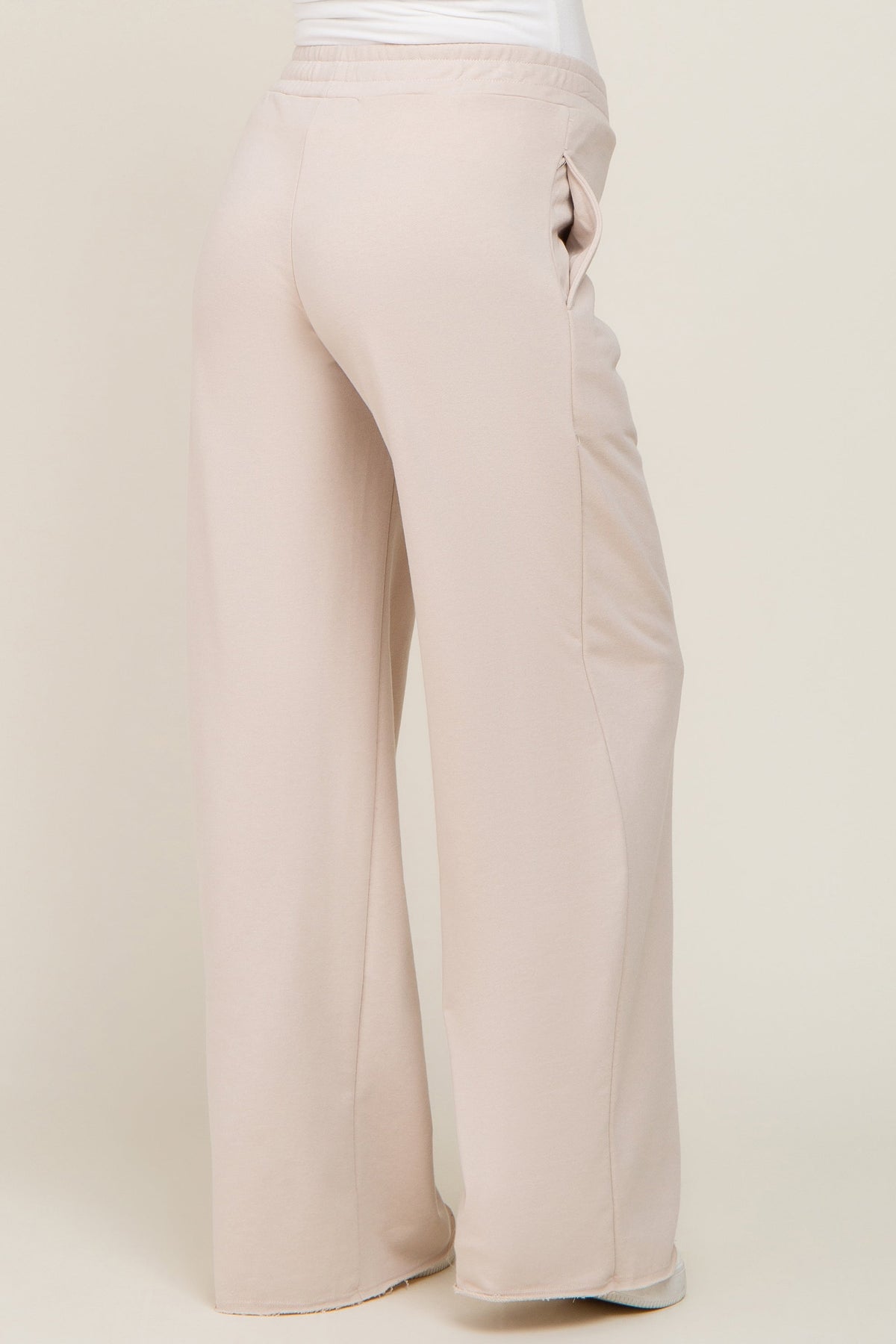 Beige Wide Leg Fray Hem Maternity Sweatpants