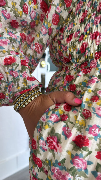 Full Bloom Floral Print Smocked Maxi Dress