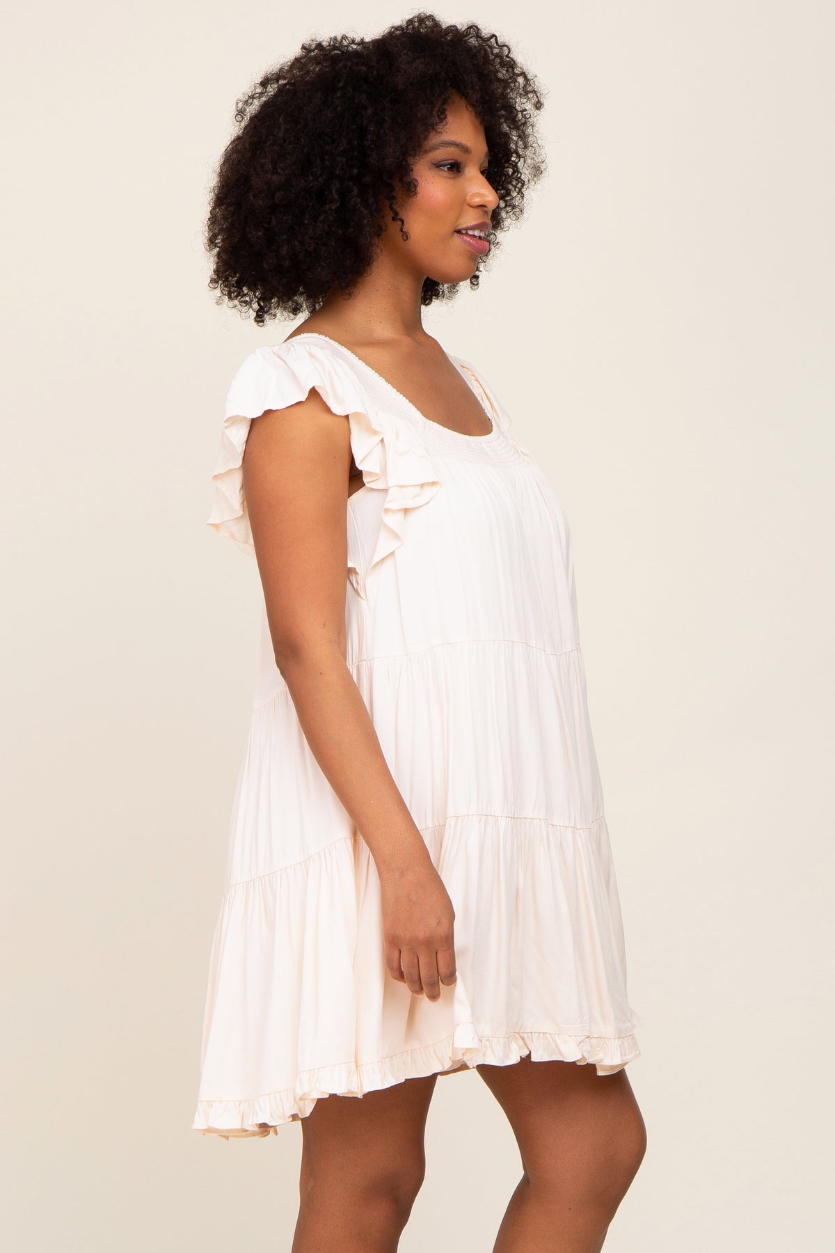 Beige Smocked Ruffle Sleeve Tiered Dress