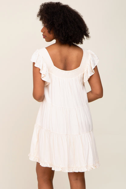Beige Smocked Ruffle Sleeve Tiered Dress
