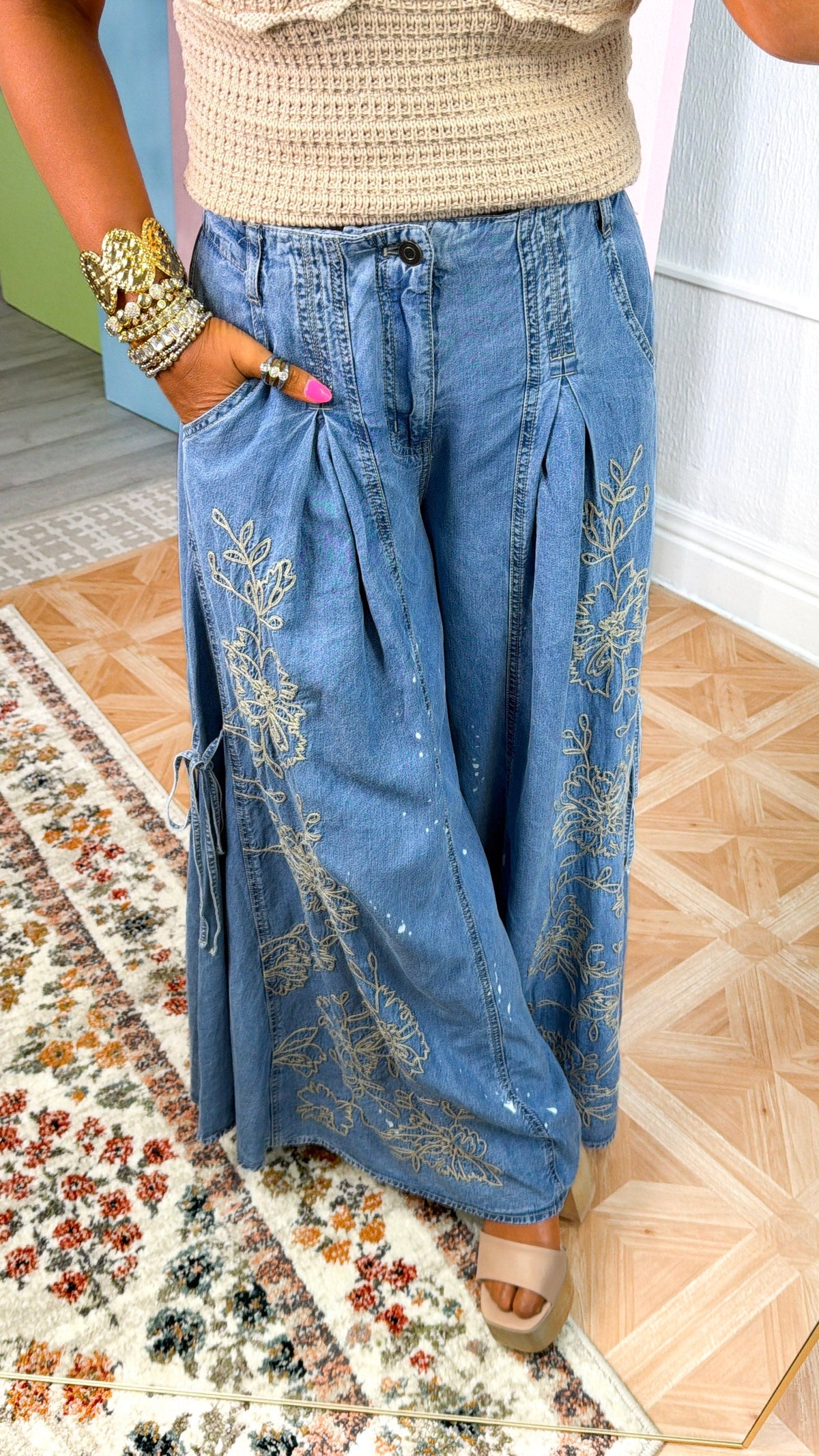 Floral Detail Wide Leg Pants, Denim