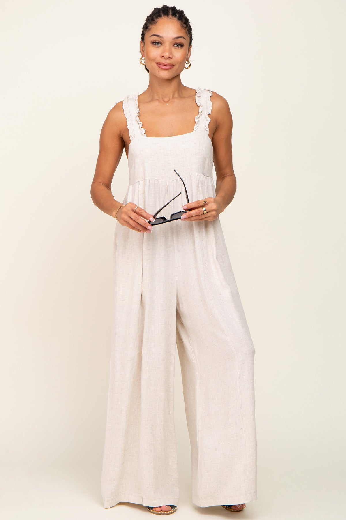 Beige Ruffle Trim Back Tie Jumpsuit
