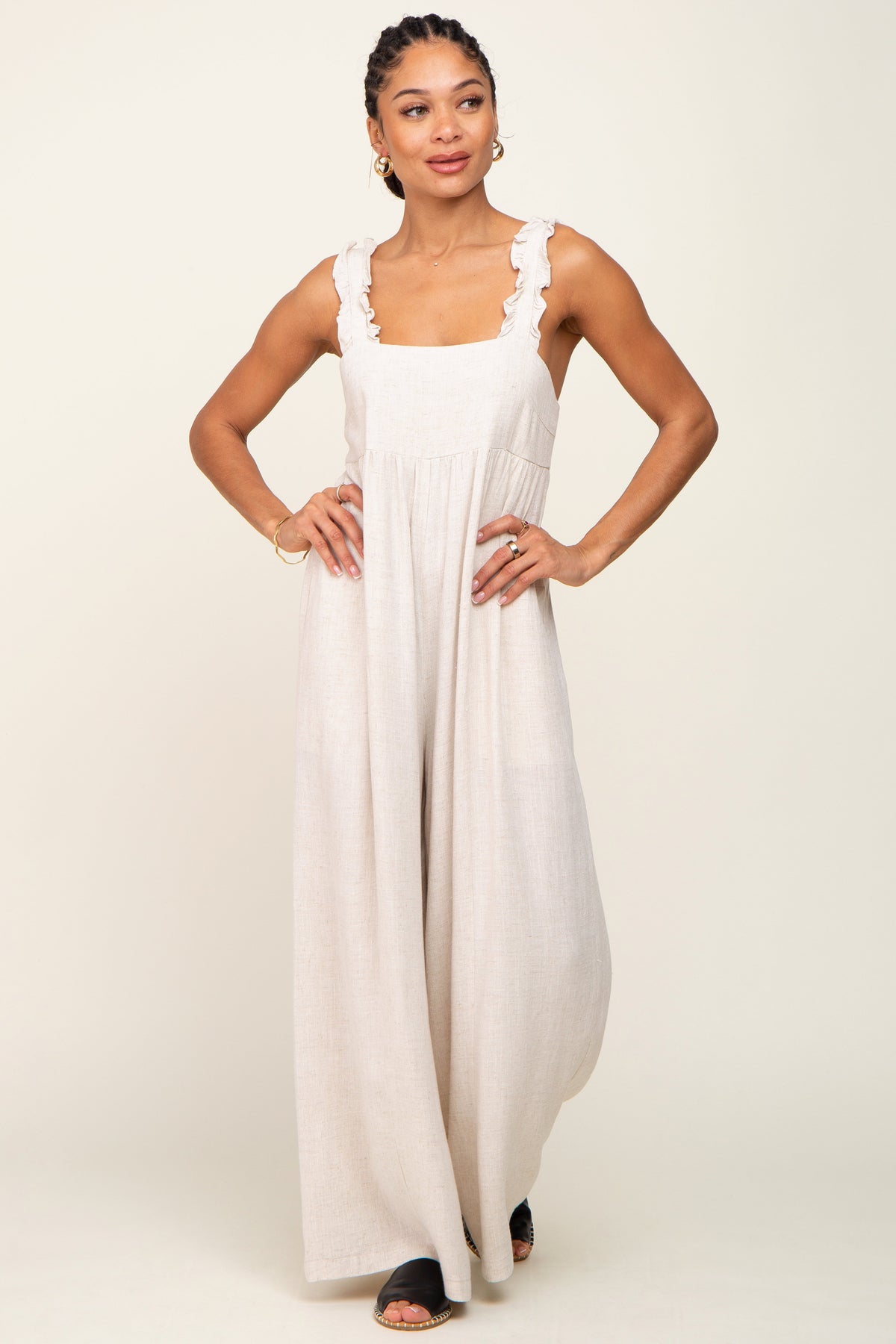 Beige Ruffle Trim Back Tie Jumpsuit