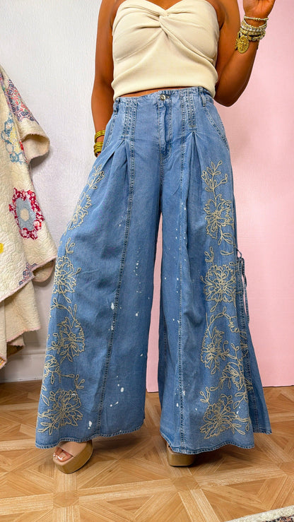 Floral Detail Wide Leg Pants, Denim