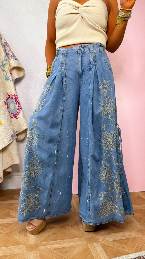 Floral Detail Wide Leg Pants, Denim
