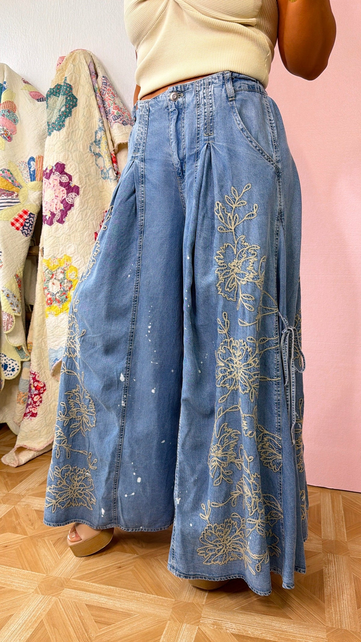 Floral Detail Wide Leg Pants, Denim