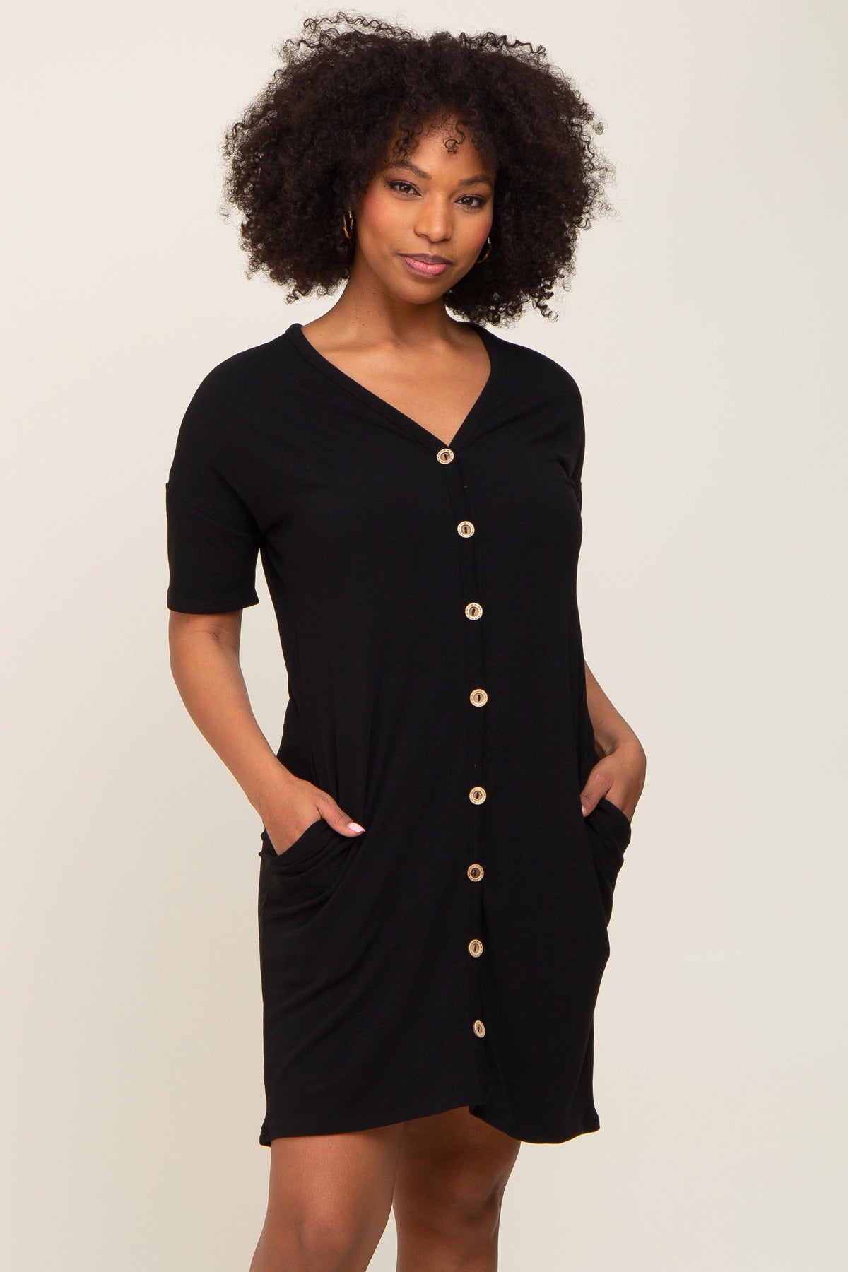 Black Button Accent Short Sleeve Maternity Dress