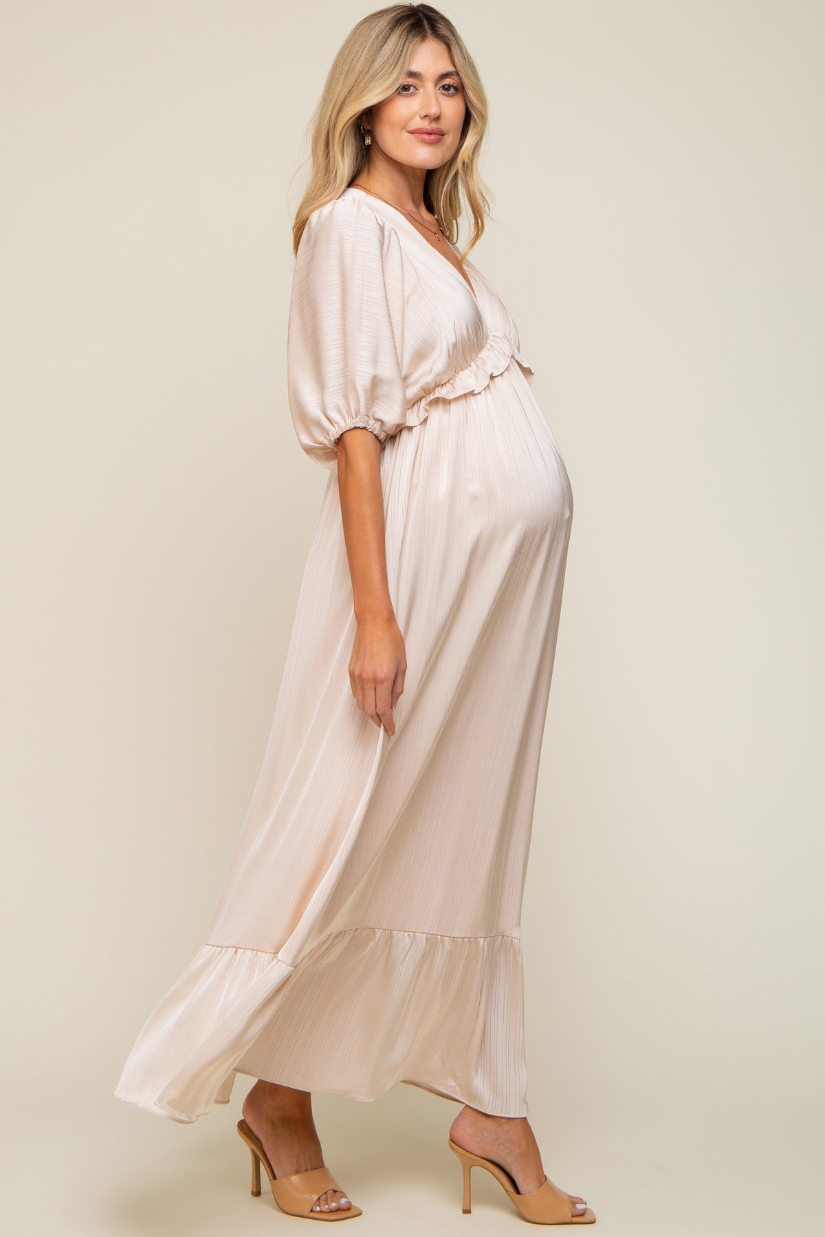 Beige Striped Ruffle Accent Maternity Maxi Dress