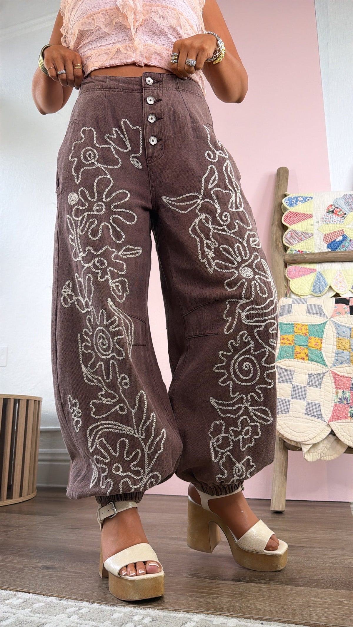For The Love Of Floral Embroidered Denim Jogger, Mocha