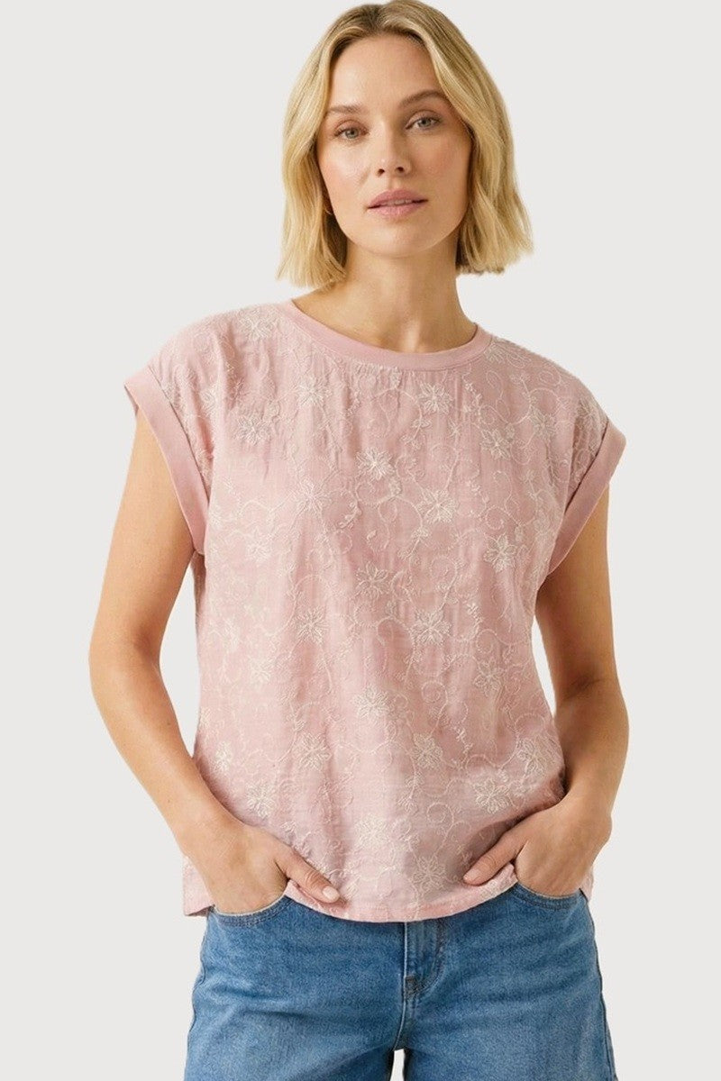 Crew Neck Floral Embroidered Top