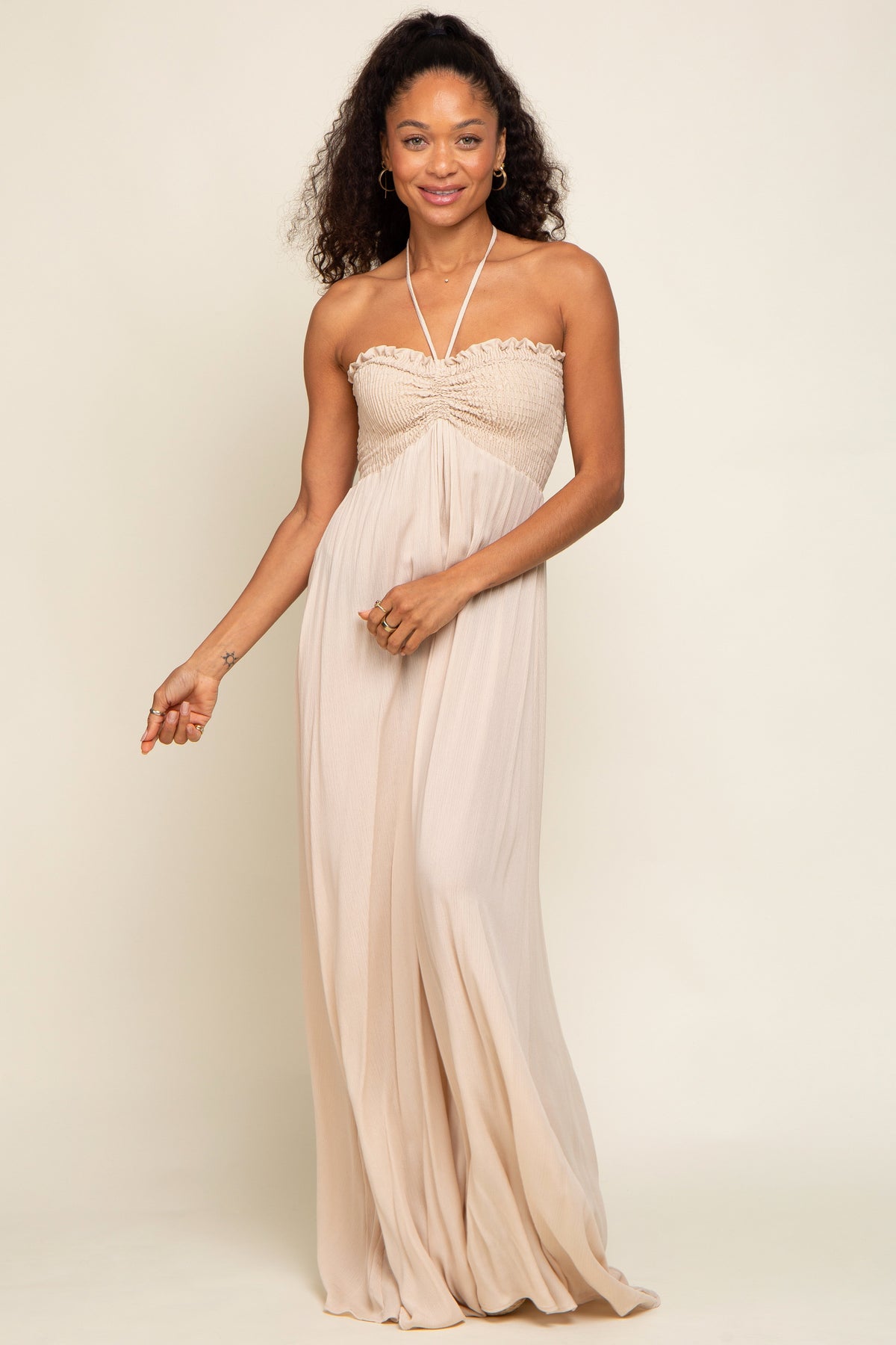 Beige Smocked Halter Maxi Dress
