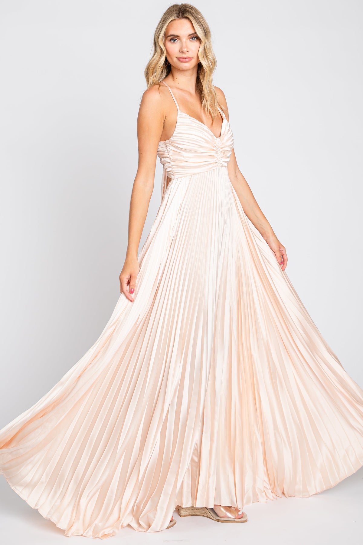 Beige Satin Pleated Cutout Gown