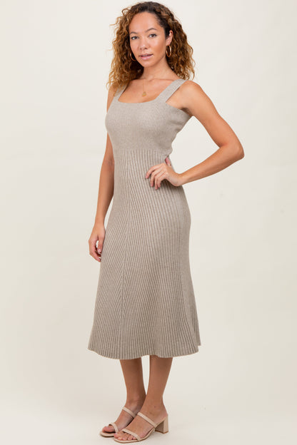 Beige Sweater Knit A-Line Midi Dress