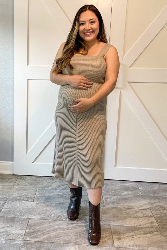 Beige Sweater Knit A-Line Maternity Midi Dress