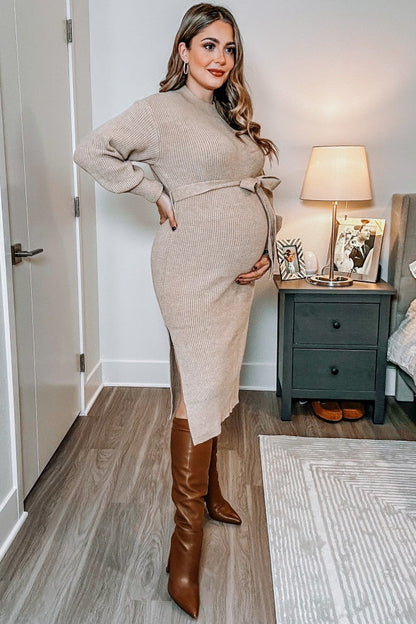 Beige Side Slit Maternity Sweater Midi Dress