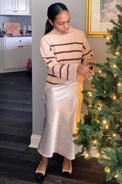 Beige Striped Mock Neck Sweater
