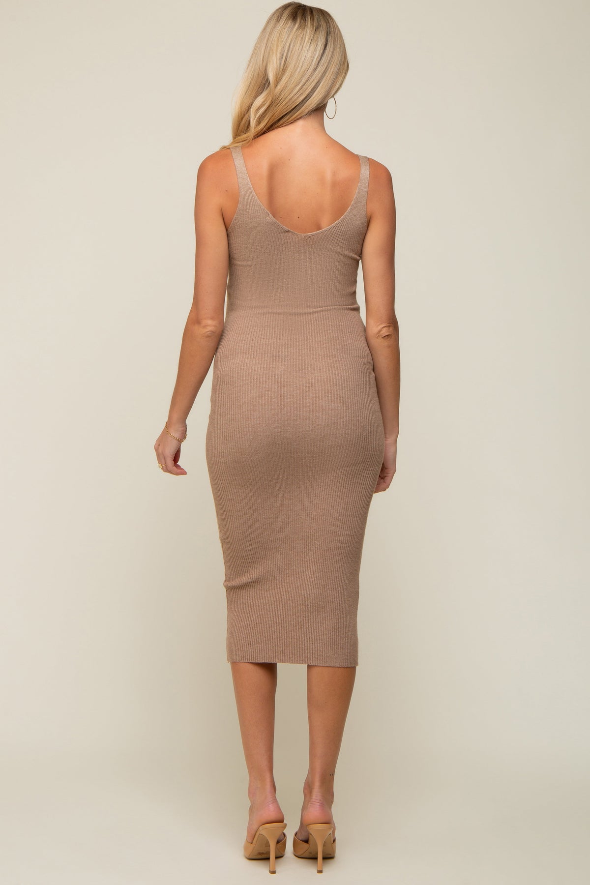 Beige Sleeveless V-Neck Maternity Sweater Dress