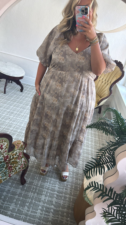 Granite Hues Whimsical Bubble Sleeve Maxi Dress, Taupe