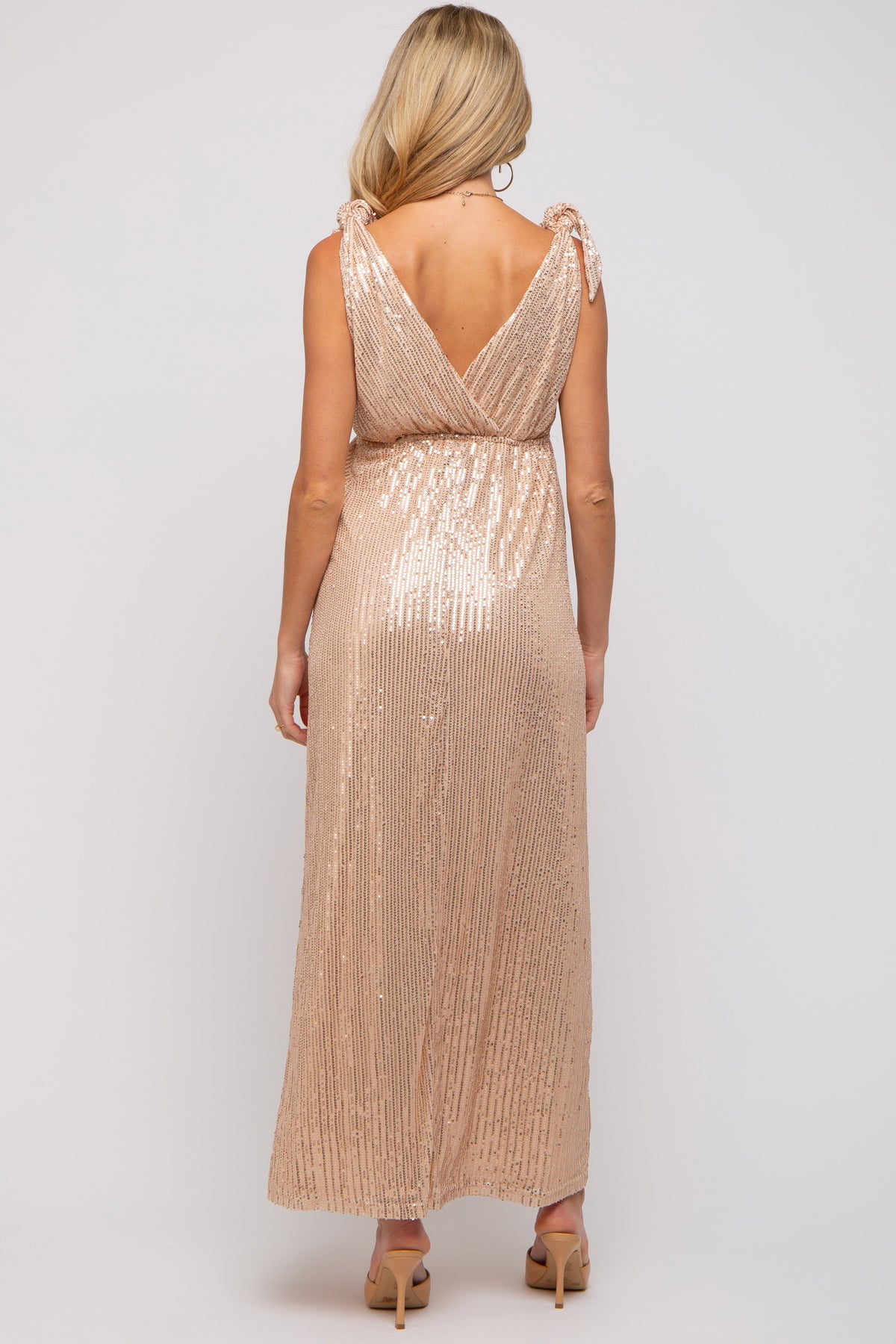 Beige Sequin Sleeveless Wrap V-Neck Maternity Gown