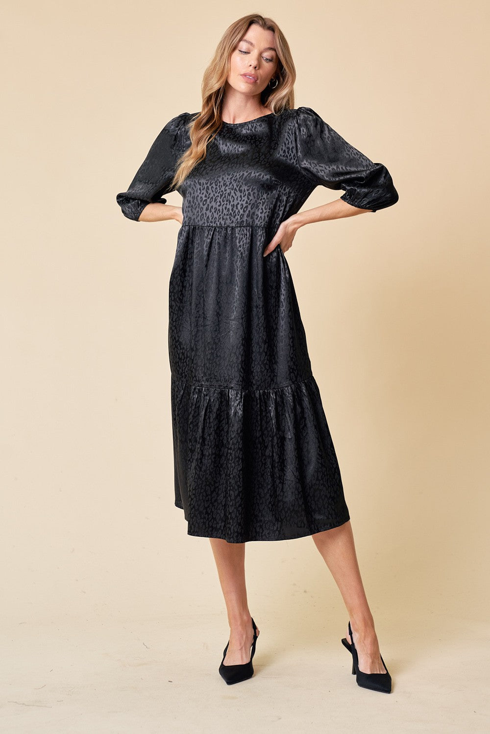 Black 3/4 Sleeve Tiered Midi Dress
