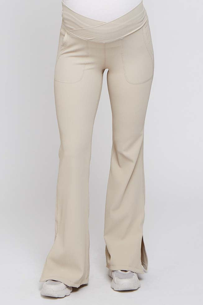 Beige V-Waist Ribbed Bootcut Maternity Leggings