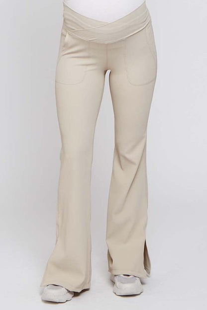 Beige V-Waist Ribbed Bootcut Maternity Leggings