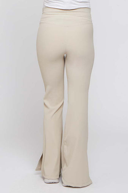 Beige V-Waist Ribbed Bootcut Maternity Leggings