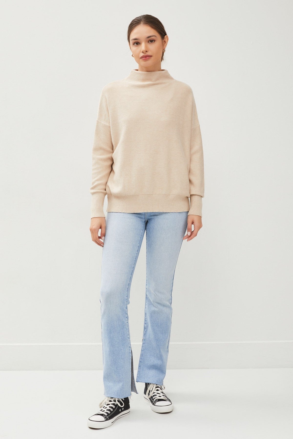 Beige Soft Knit Mock Neck Sweater