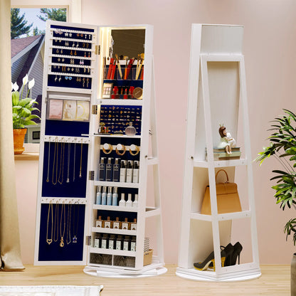 🪞360° Rotating LED Lockable Jewelry Cabinet, Modern Wood Mirror Organizer