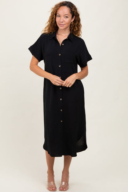 Black Button Down Front Pocket Midi Dress