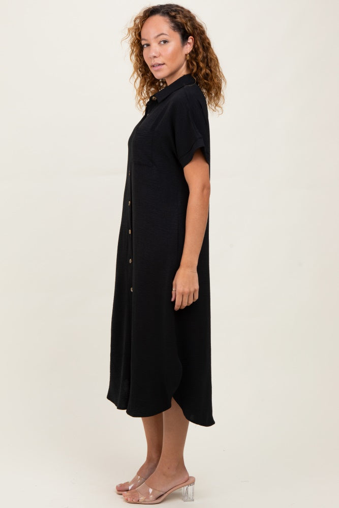 Black Button Down Front Pocket Midi Dress