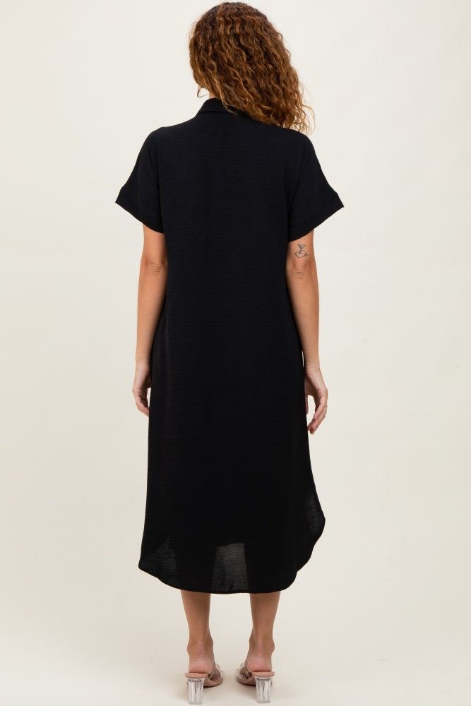Black Button Down Front Pocket Midi Dress