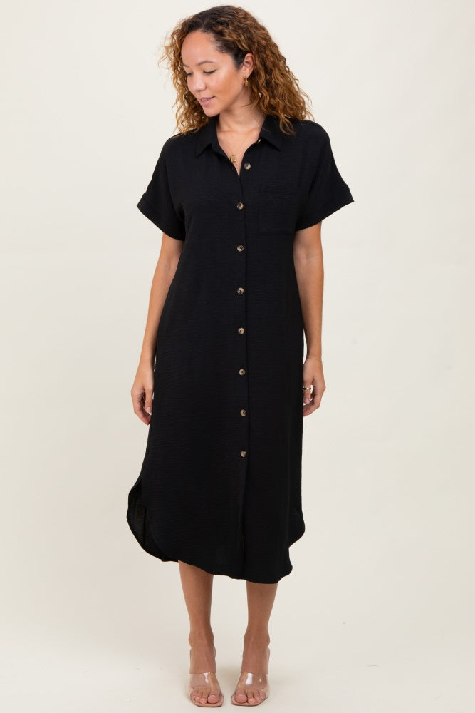 Black Button Down Front Pocket Midi Dress