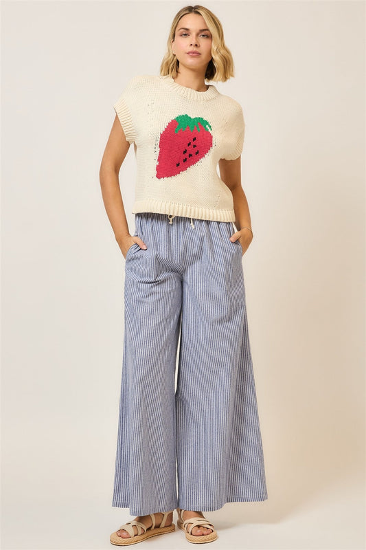 Curvy Pinstripe Wide Leg Pants W/Drawstring