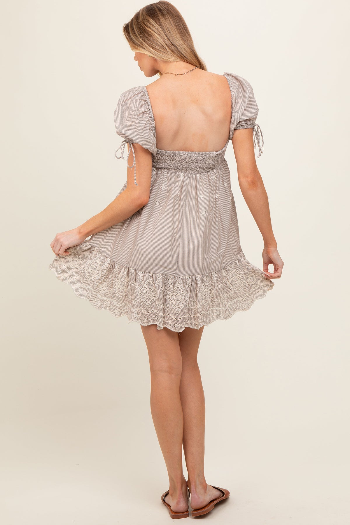 Beige Striped Floral Eyelet Maternity Mini Dress
