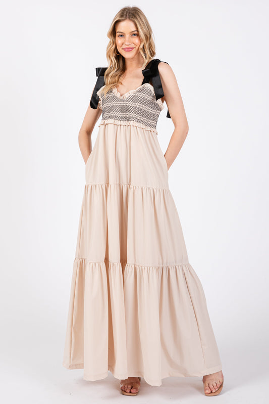 Beige Sweetheart Neck Smocked Embroidered Ribbon Shoulder Tie Midi Dress