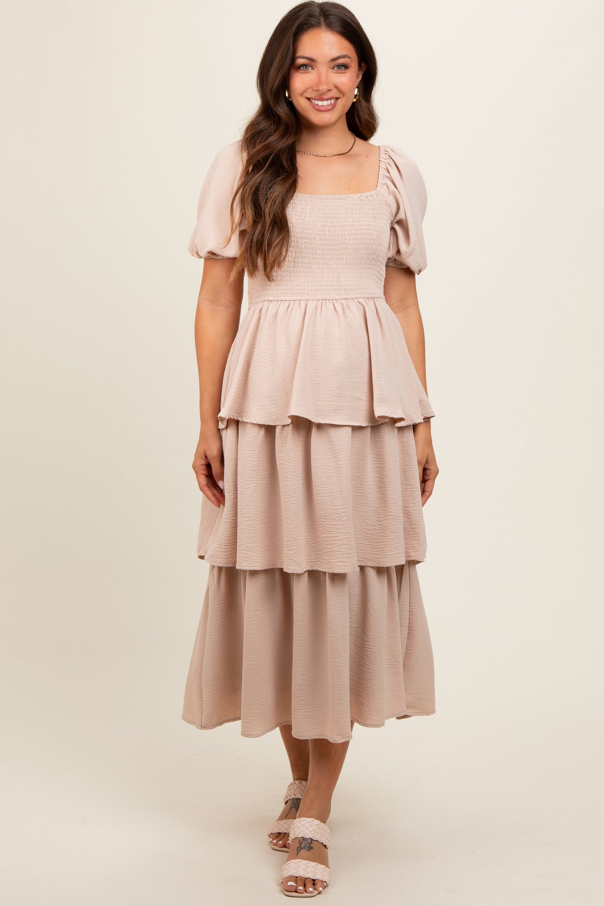 Beige Smocked Square Neck Short Puff Sleeve Ruffle Tiered Maternity Midi Dress