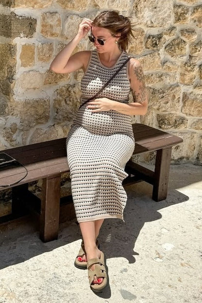 Beige Striped Knit Fitted Sleeveless Maternity Maxi Dress
