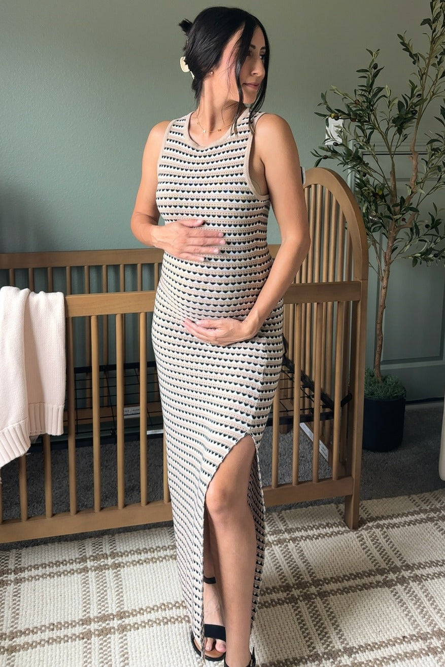 Beige Striped Knit Fitted Sleeveless Maternity Maxi Dress