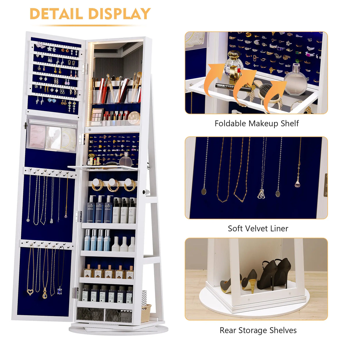 🪞360° Rotating LED Lockable Jewelry Cabinet, Modern Wood Mirror Organizer