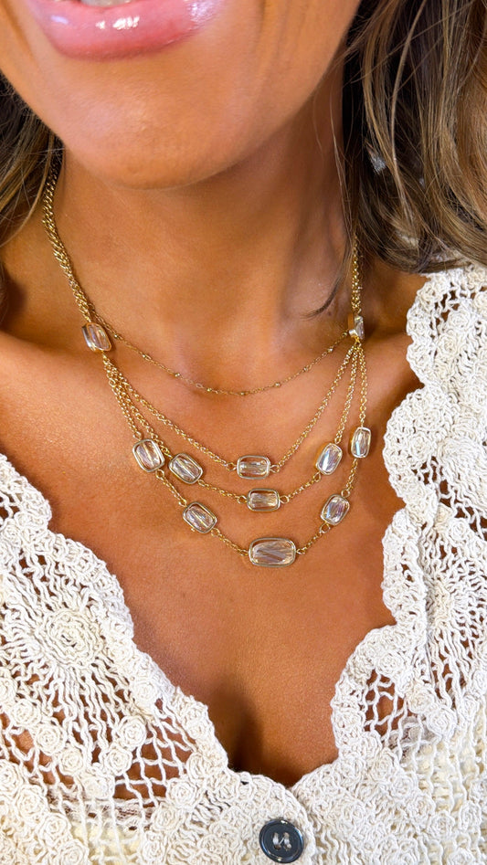 Layered Crystal Necklace, Clear/Gold