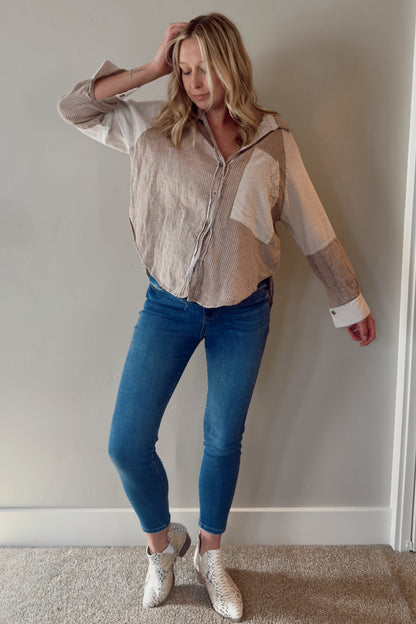 Beige Striped Colorblock Button Up Maternity Top