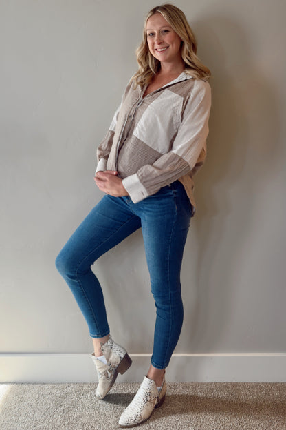 Beige Striped Colorblock Button Up Maternity Top
