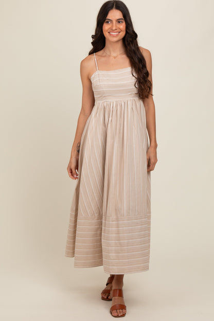Beige Striped Cutout Back Maternity Maxi Dress