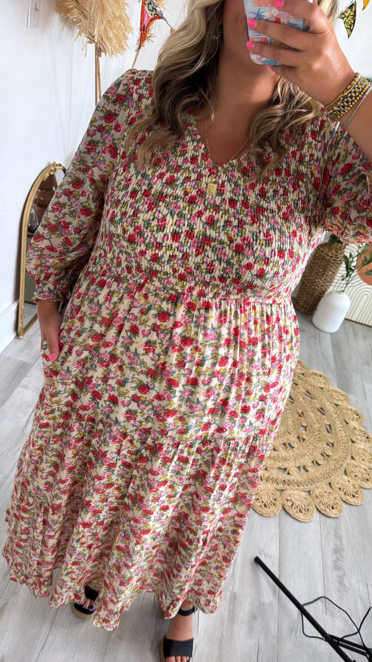 Full Bloom Floral Print Smocked Maxi Dress