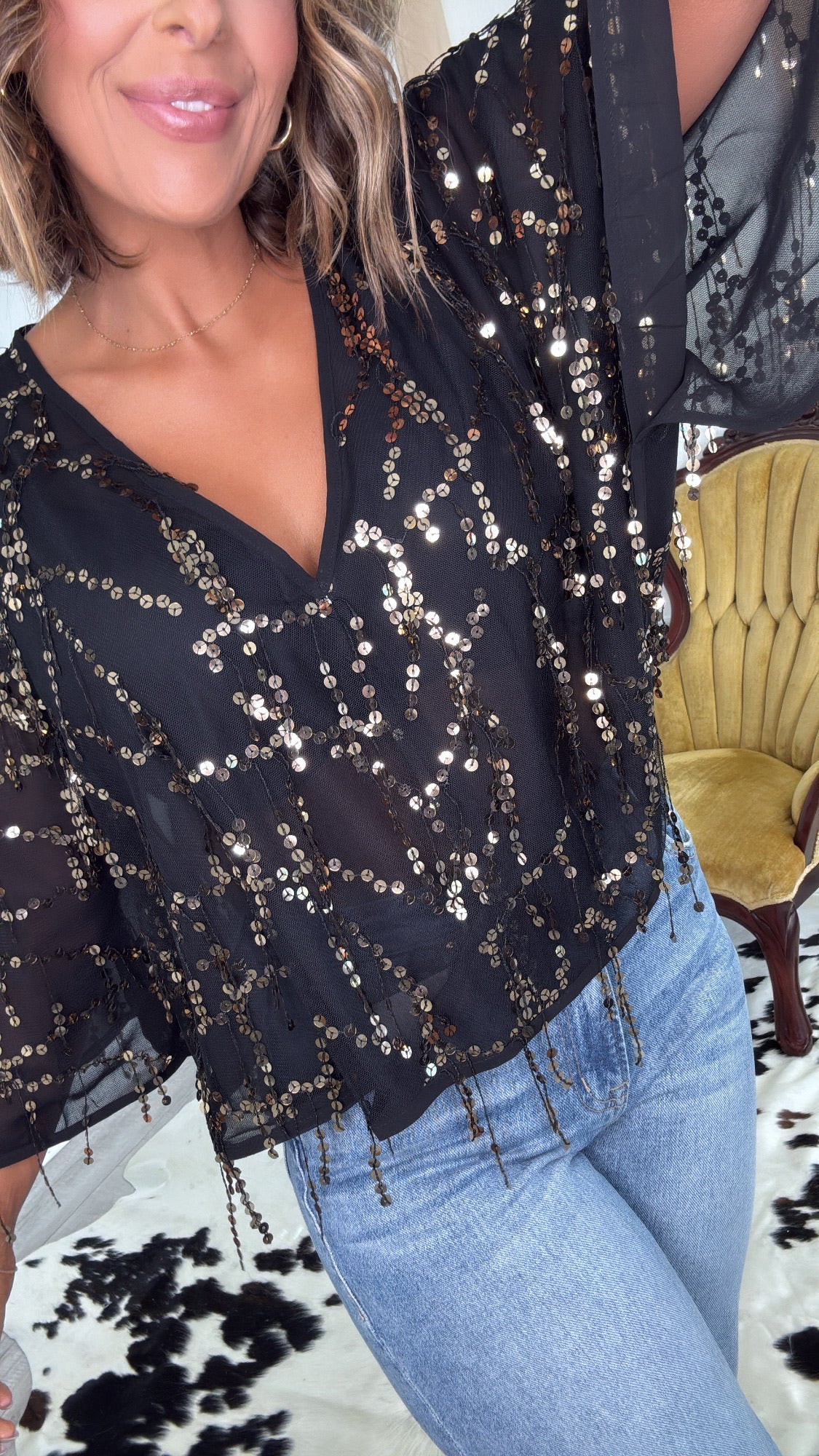 Glitz Sequin Mesh Top, Black