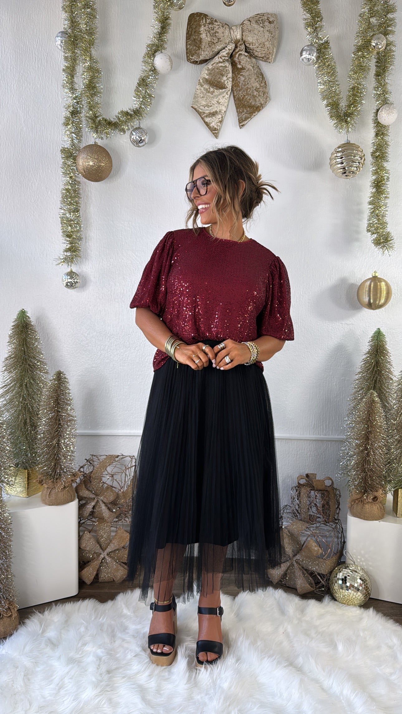 Holiday Cheer Puff Sleeve Sequin Top, Red