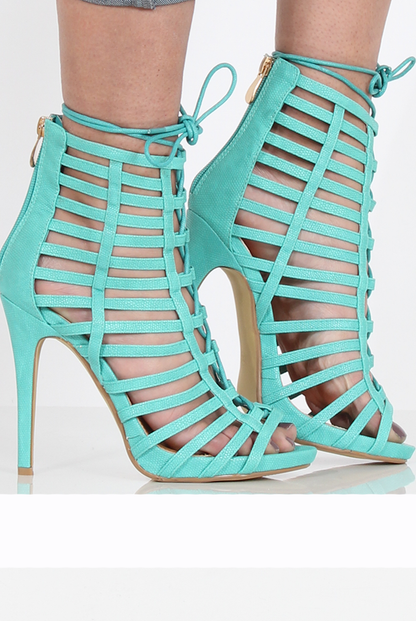 Aqua Caged Lace Up Heels - Jane