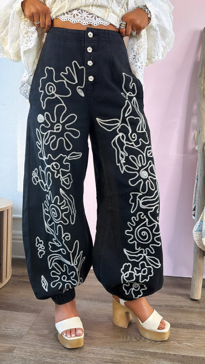 For The Love Of Floral Embroidered Denim Jogger, Black